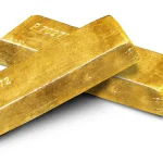 Gold ingots arranged on a plain background, photographed as a store of value.