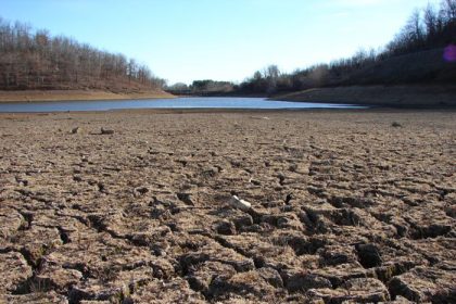 A crop field under a hot, dry sky