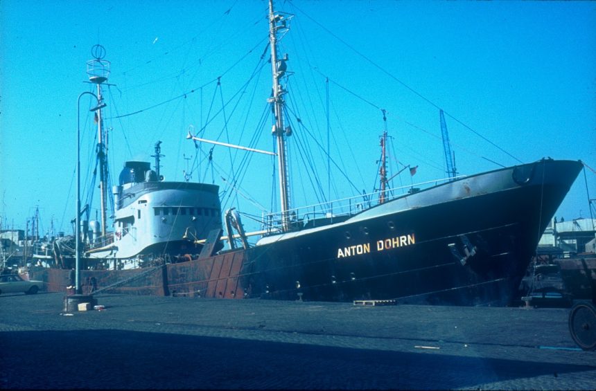 A research vessel at sea under open skies
