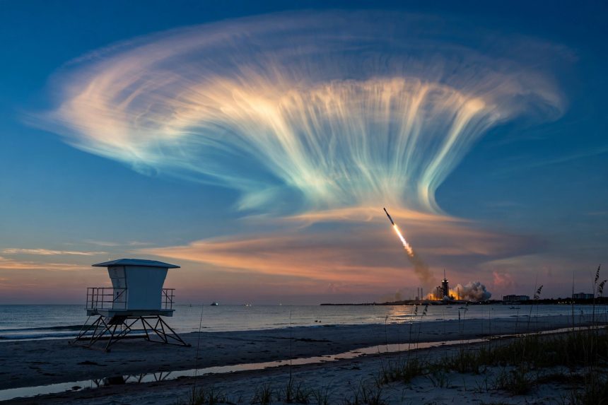 A Falcon 9 rocket launch at dawn creates a glowing jellyfish-shaped exhaust cloud over the US east coast.